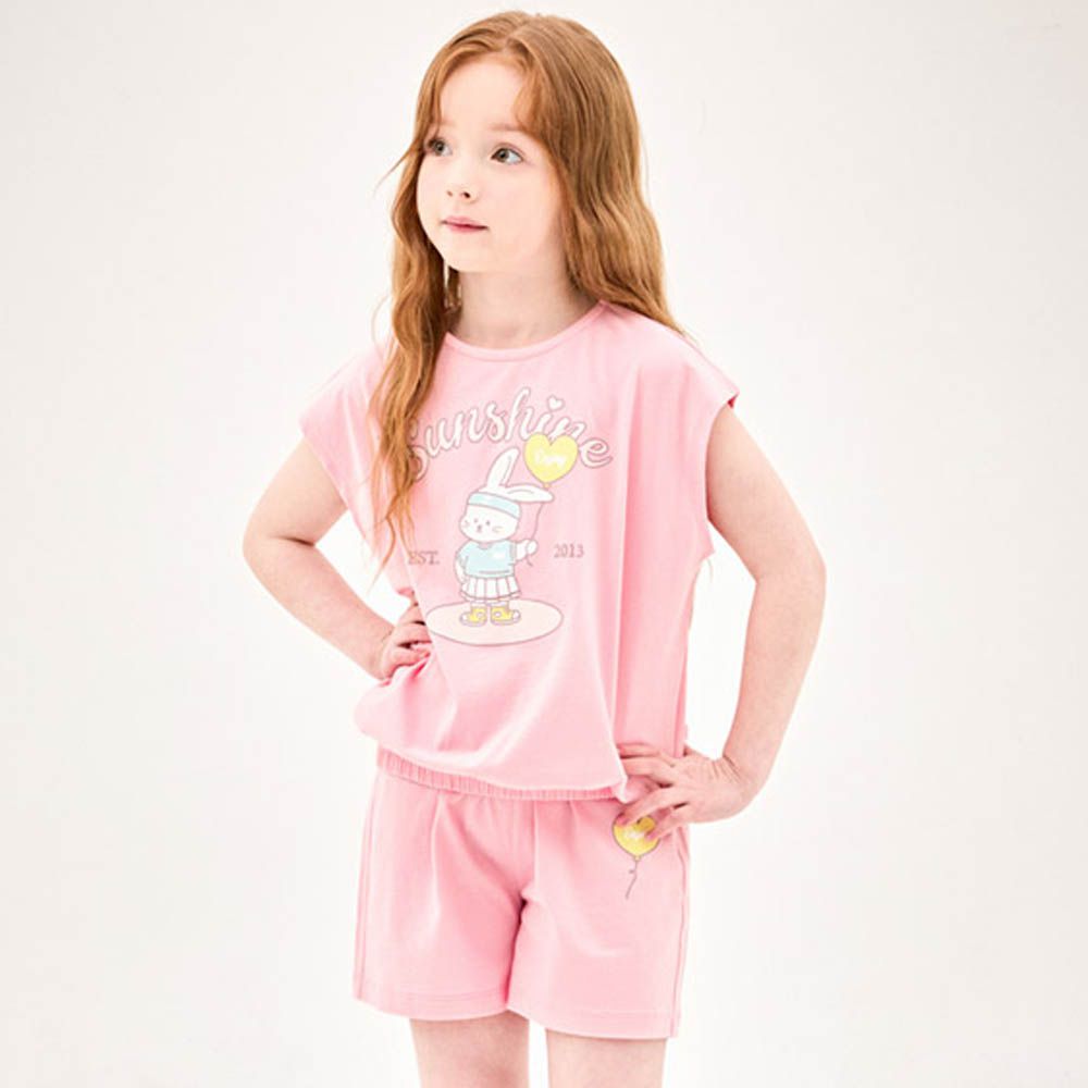 兔兔氣球插畫短袖套裝-淺粉