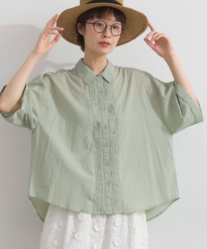 日本 Lupilien - 印度棉 低調植物刺繡短袖襯衫-炭灰