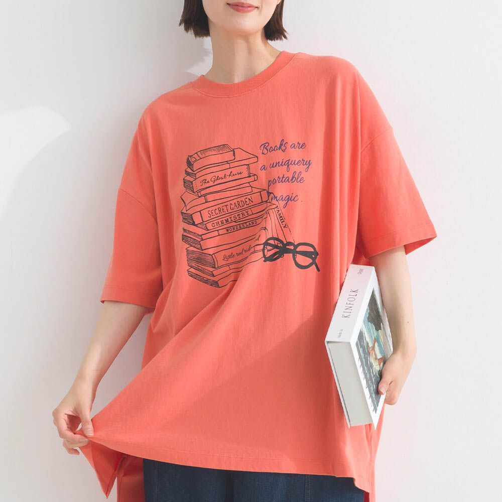 16OE天竺棉 氣質書籍印花寬鬆短袖上衣-橘