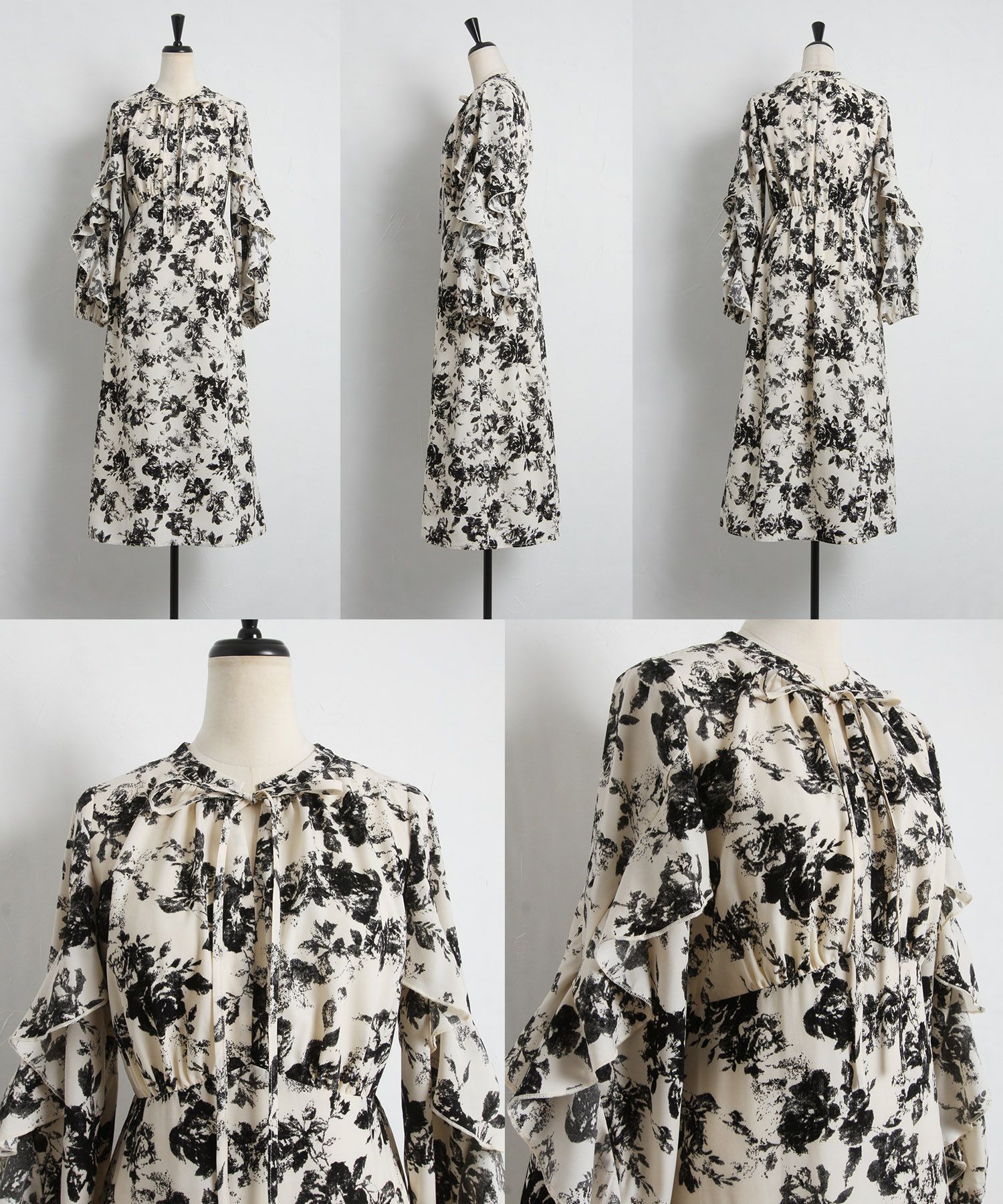 日本 tocco-closet - 優雅花朵波浪袖洋裝-粉膚杏