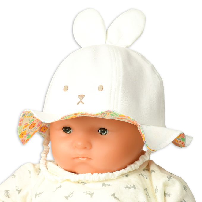 akachan honpo - 寬簷帽-兔耳 小花-米白色