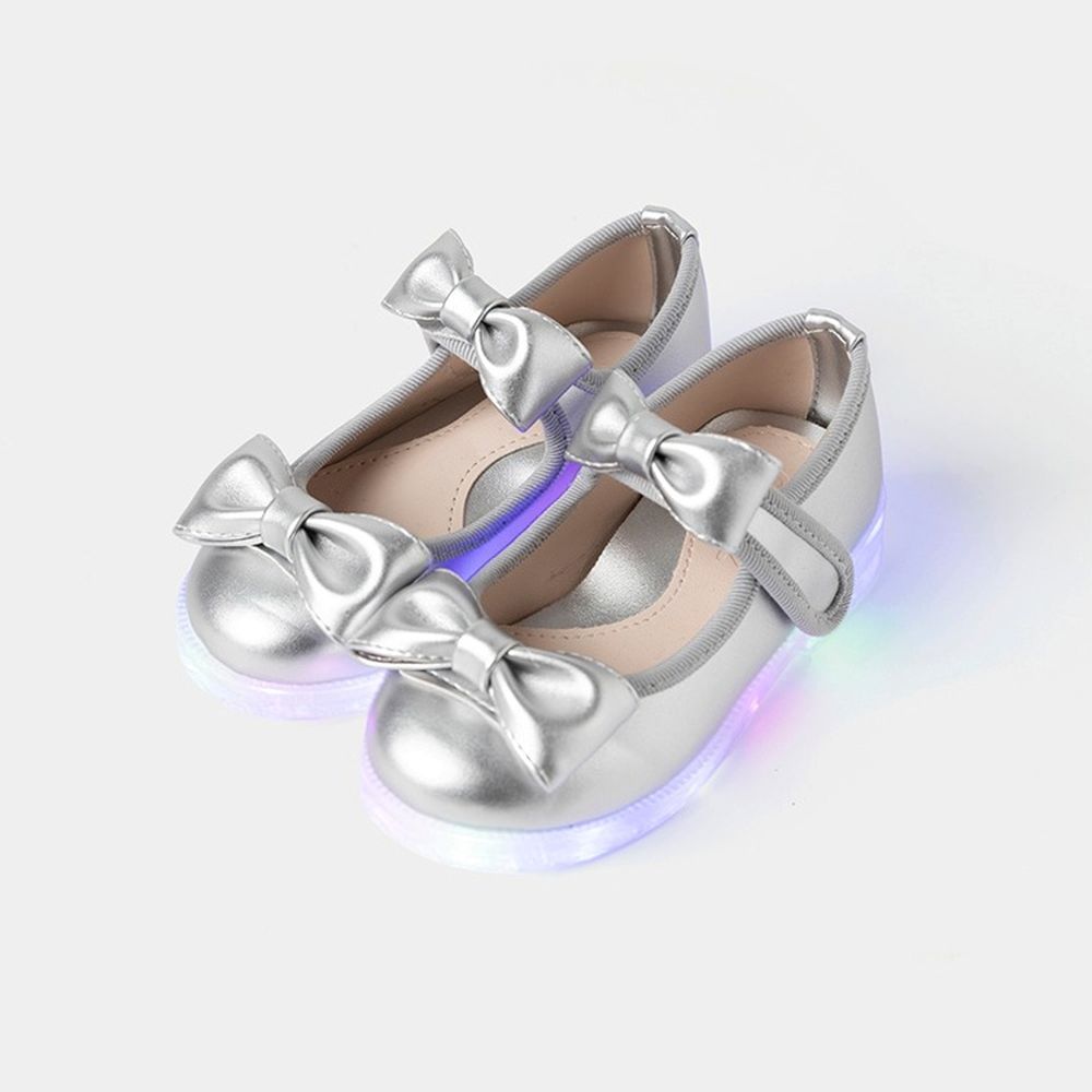 (LED)雙蝴蝶結造型金屬絲光公主鞋-銀