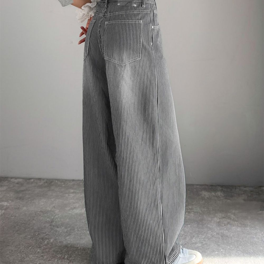 mily bilet 復古條紋刷色寬鬆廓形丹寧褲-黑