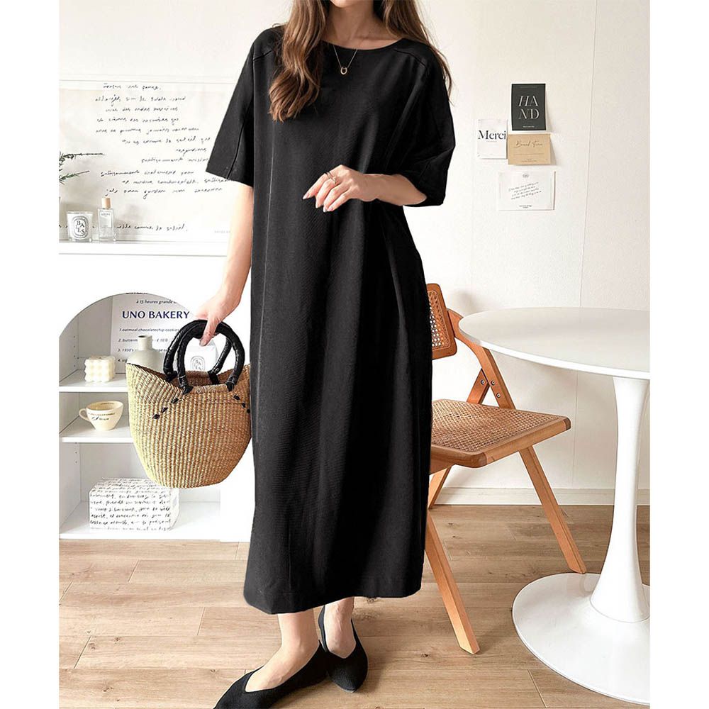 亞麻感洗練線條短袖洋裝-黑