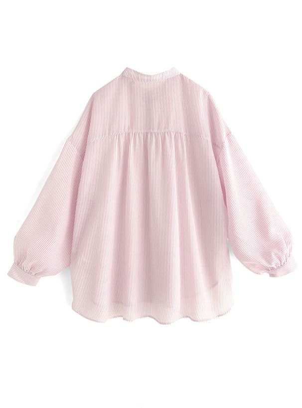 日本 GRL - 店員推薦 微透膚翻領長袖襯衫-直條紋-櫻花粉 (F)