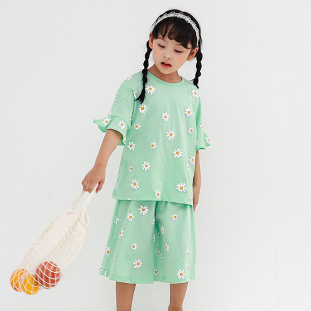 韓國 Ppippilong - 純棉休閒女寶7分袖套裝-綠色花園