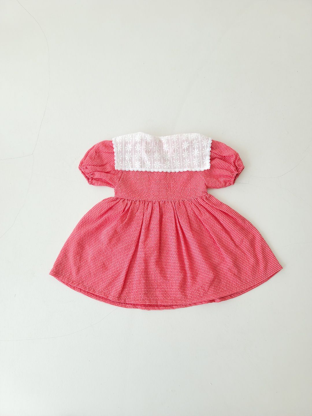 韓國 Mimico - 蕾絲花朵領小格子洋裝