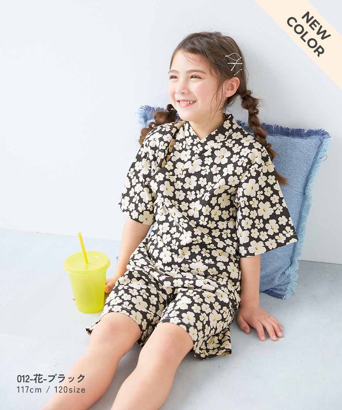 日本 devirock - 期間限定！夏日風情甚平套裝-花朵-黑