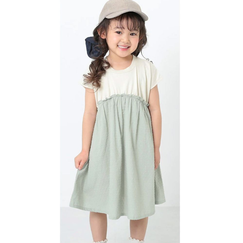 日本 devirock - 純棉短袖洋裝-米X綠