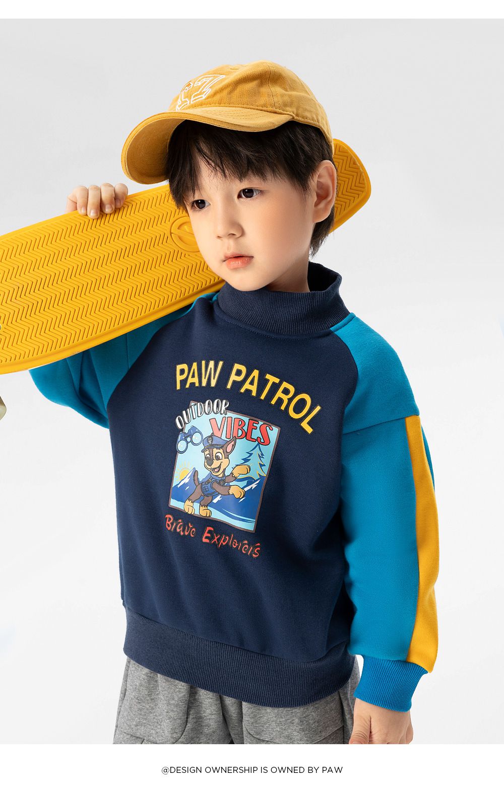 卡通汪汪隊加絨半高領拼接長袖上衣-卡通人物阿奇-深藍+藍