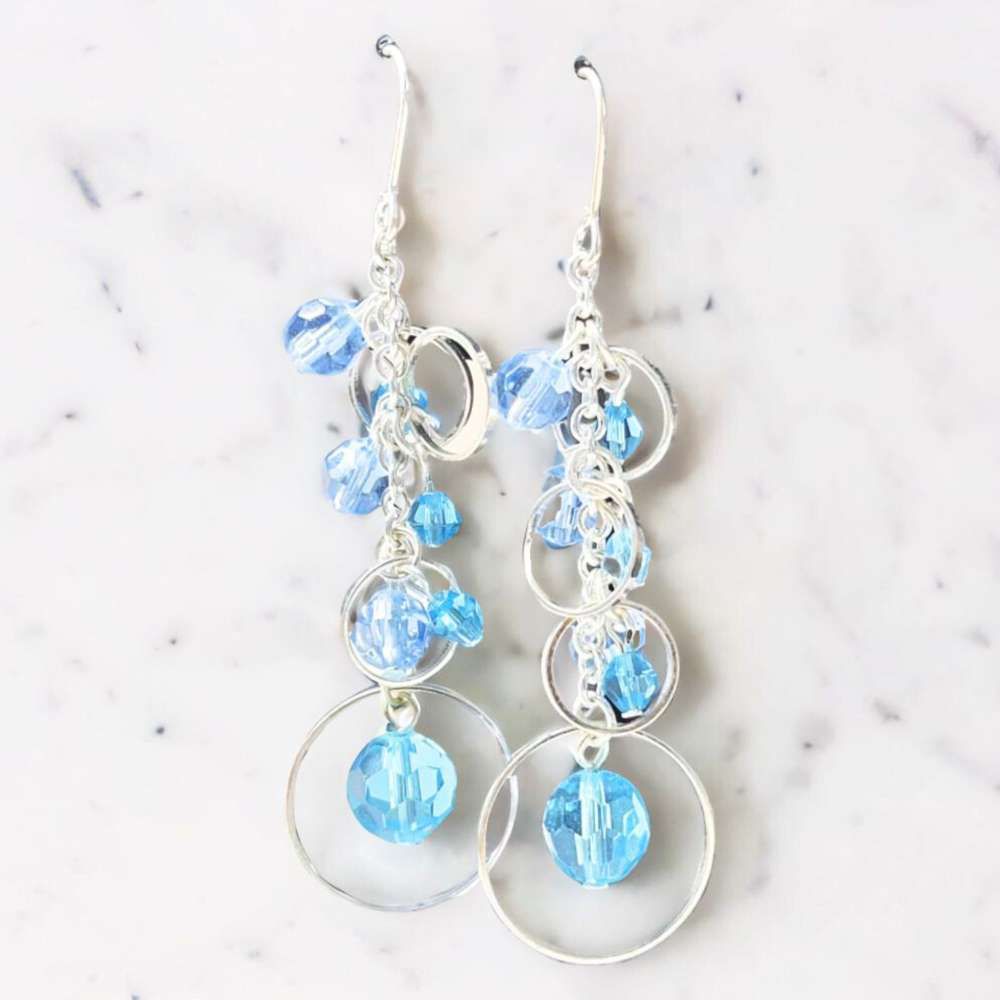 漸變藍色串珠圓環垂墜式耳飾耳針耳環 (黑)