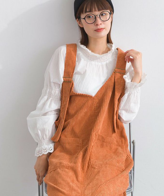 日本 Lupilien - 可愛厚實燈芯絨開叉吊帶裙-藍