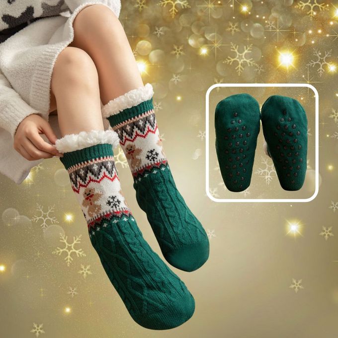 聖誕羔羊絨室內保暖止滑襪 - 綠色薑餅人款 