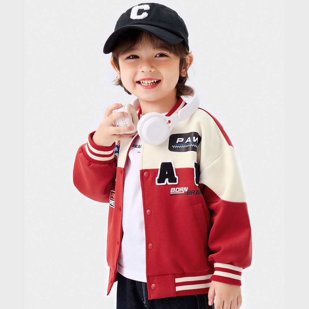 卡通汪汪隊毛巾繡撞色棒球外套-卡通人物毛毛-紅色