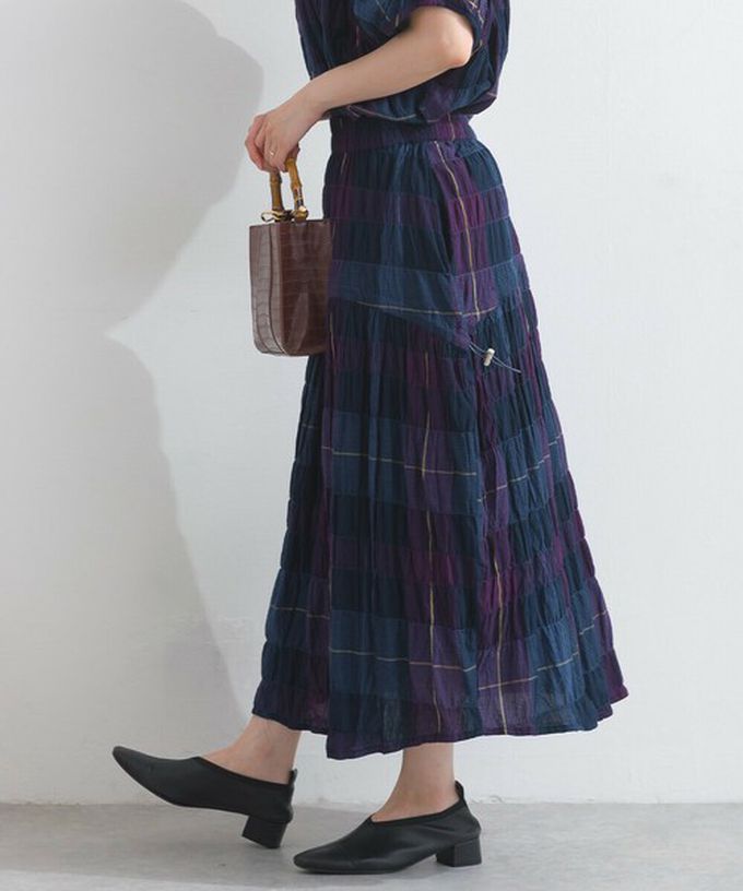 日本 Lupilien - 印度棉 皺皺文青格紋側抽繩長裙-橘