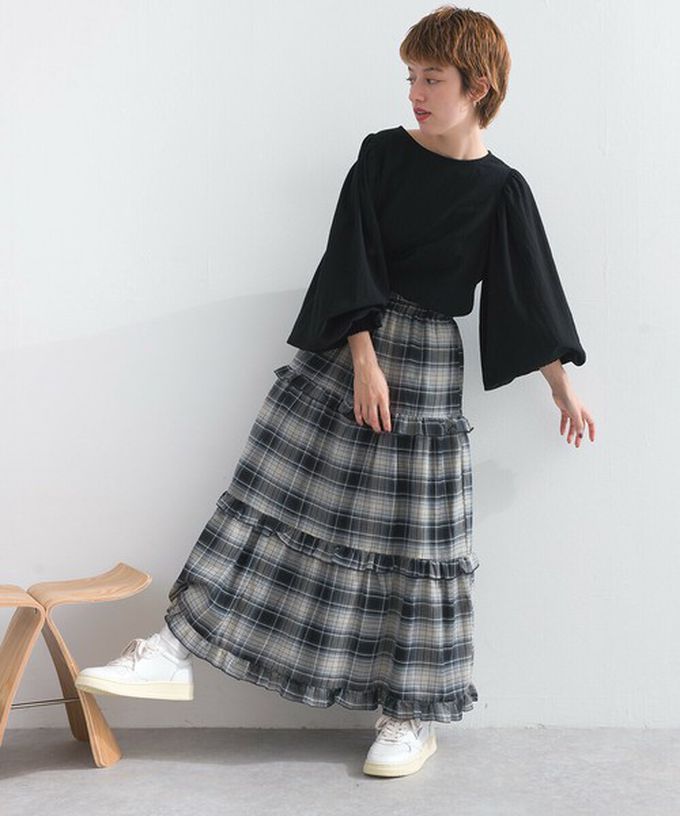 日本 Lupilien - 精緻格紋輕盈感分層俏麗長裙-黑白