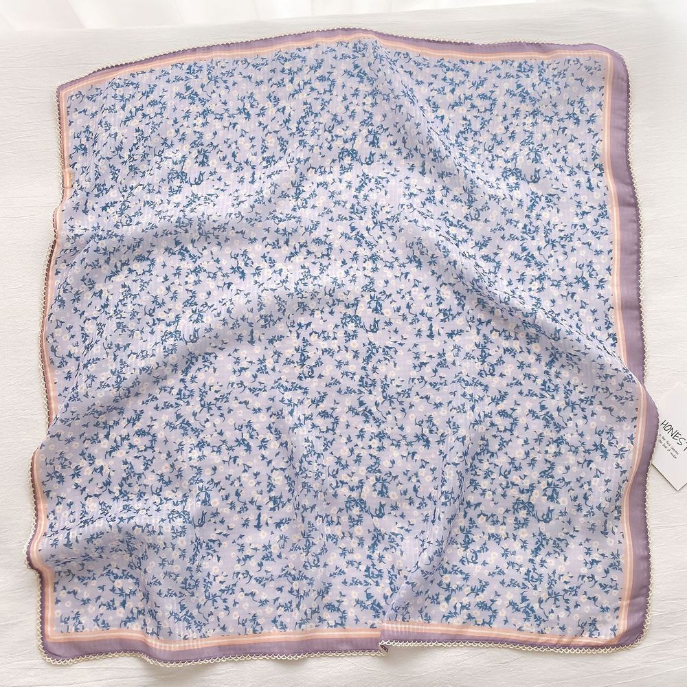 法式棉麻披肩方巾-白色碎花-水藍色 (90x90cm)