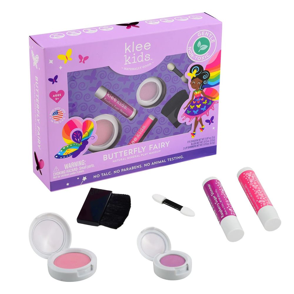 美國 Klee Kids - 蝴蝶仙子彩妝組-丁香紫礦物眼影盒(2g)+柔玫粉礦物腮紅盒(3.5g)+粉檸檬亮光潤唇膏+(4.2g)+寶貝紅亮光潤唇膏+(4.2g)+雙頭眼影棒/腮紅刷(共6件)