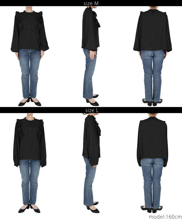 日本 COCA - 荷葉邊光澤緞面長袖襯衫-簡約黑