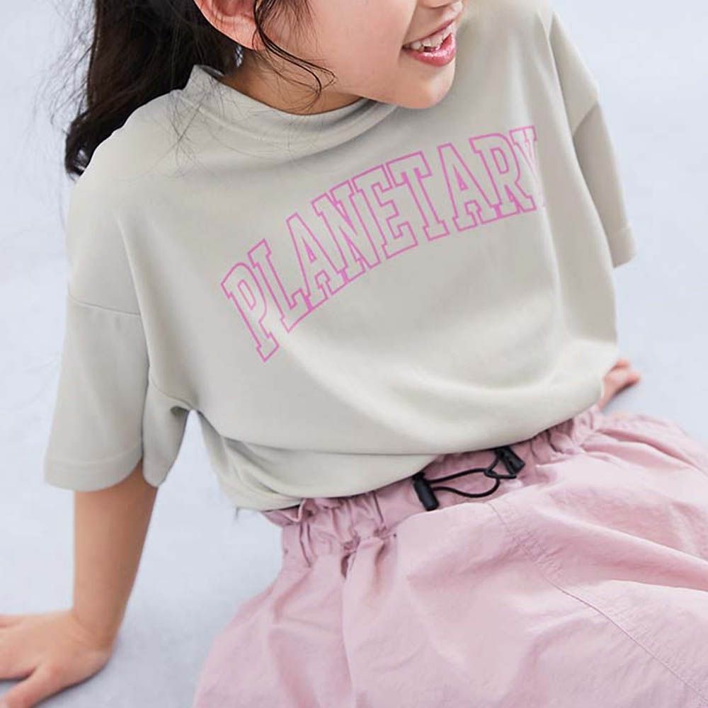 速乾網眼 女孩印花短袖上衣-英文logo-灰杏