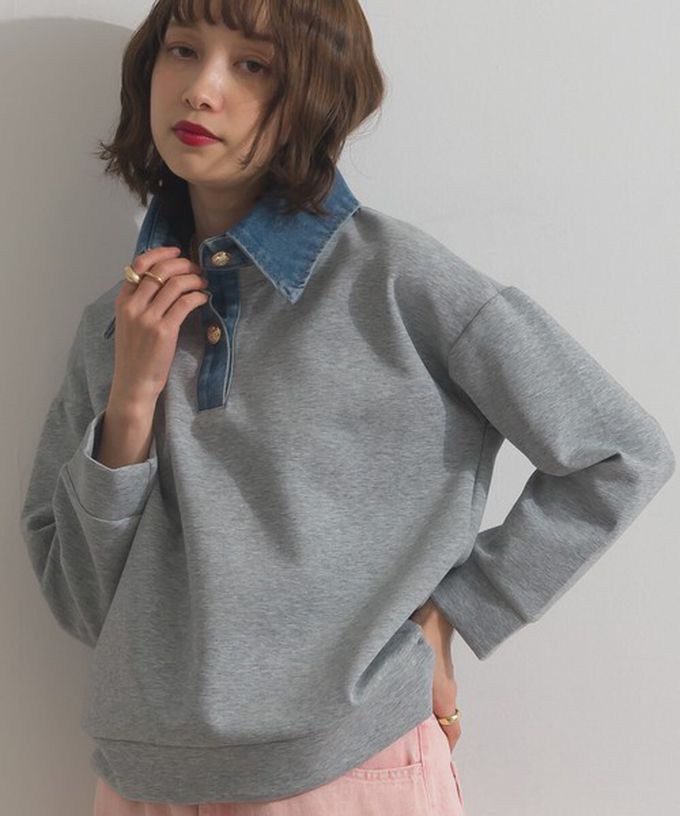 日本 ELENCARE DUE - 牛仔領層次感厚磅休閒長袖上衣-燕麥白