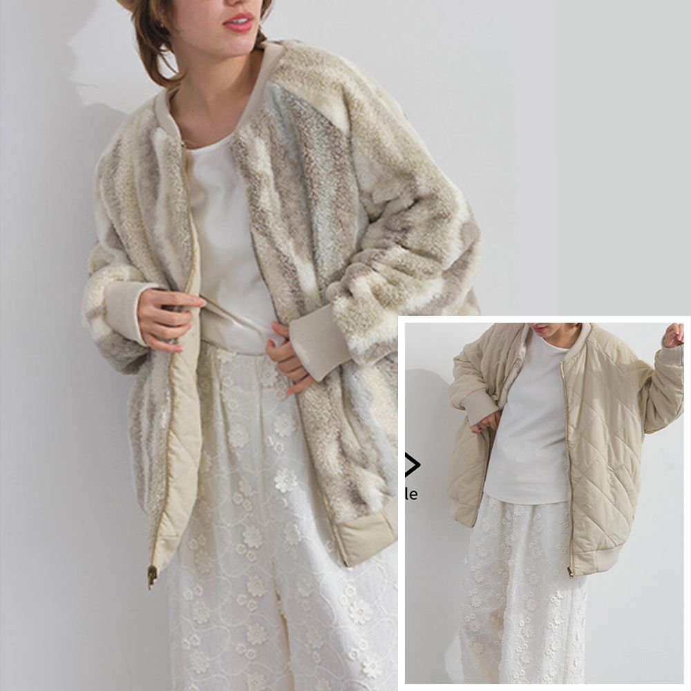 [人氣款]鮮明印象毛絨雙面保暖夾克外套-條紋-米杏