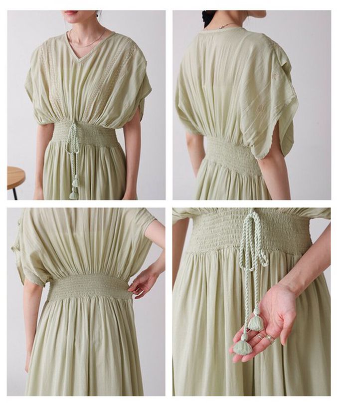 日本 Bab - 100%印度棉 素雅刺繡收腰短袖洋裝-象牙白