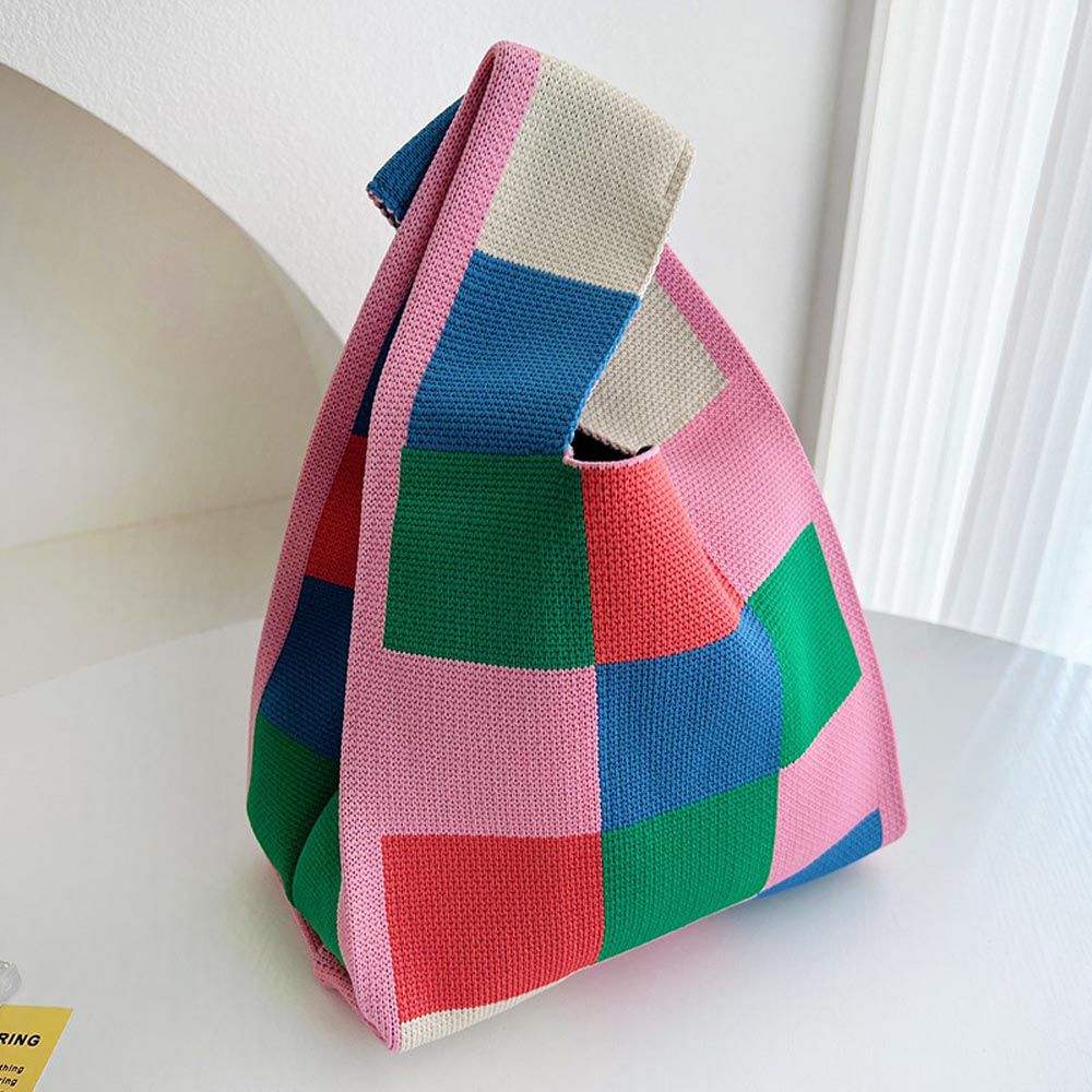 輕便休閒針織手拿包/手提包-拼色大格紋-粉色 (20x35cm)