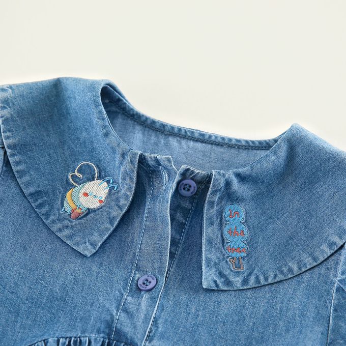 純棉百搭長袖牛仔連身裙-勤勞小蜜蜂-牛仔藍