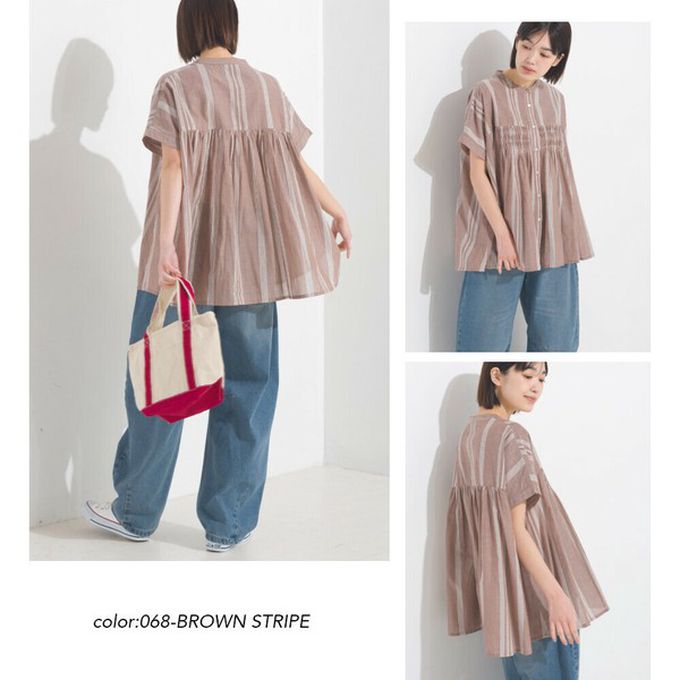 日本 OMNES - 100%印度棉 皺摺傘狀短袖襯衫-白