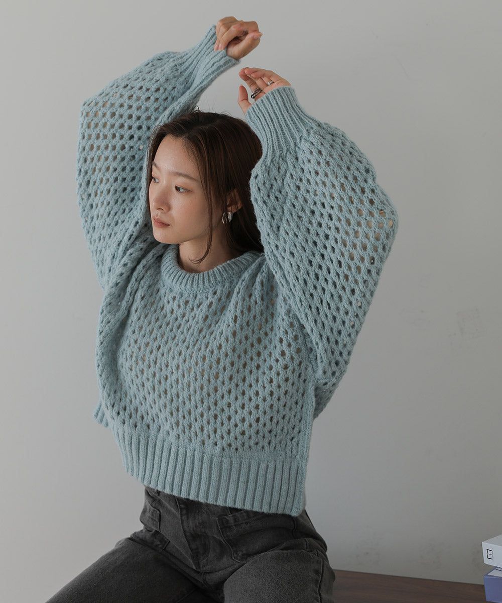 日本 Bab - 混羊毛設計感網格針織上衣-摩卡