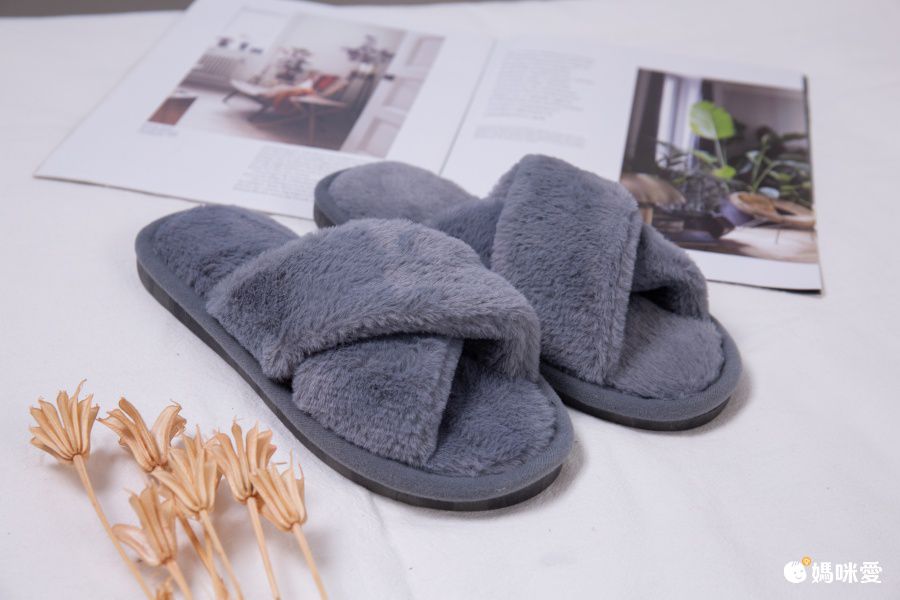 毛毛保暖室內拖鞋-交叉綁帶款-粉色