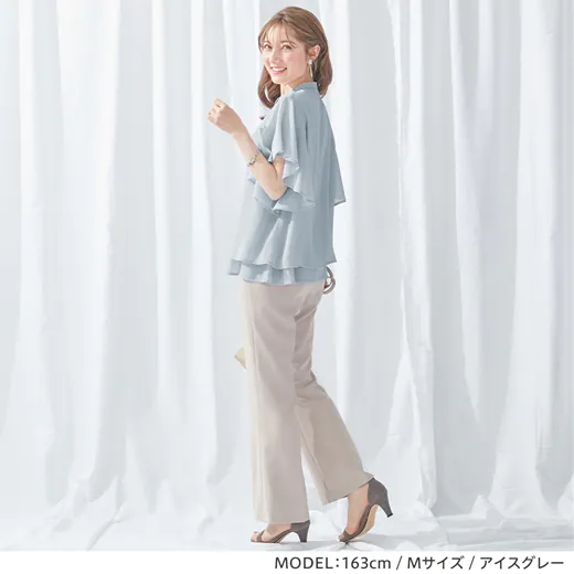 日本 BELLUNA - 浪漫大荷葉袖楊柳雪紡短袖襯衫-灰藍