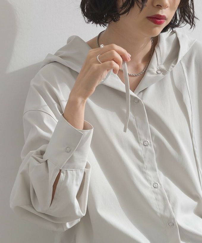 日本 ELENCARE DUE - 復古風磨毛寬版連帽長袖襯衫-灰杏