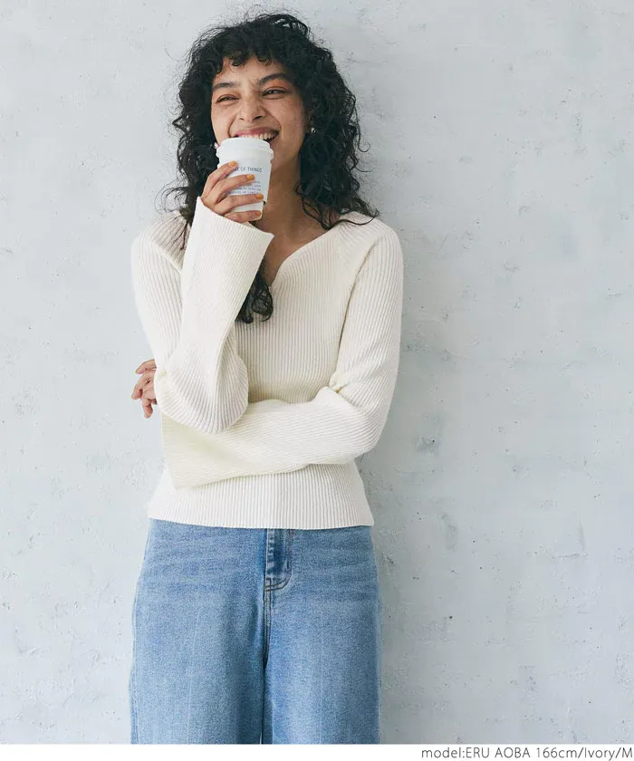 日本 COCA - 不規則領羅紋彈性上衣-黑