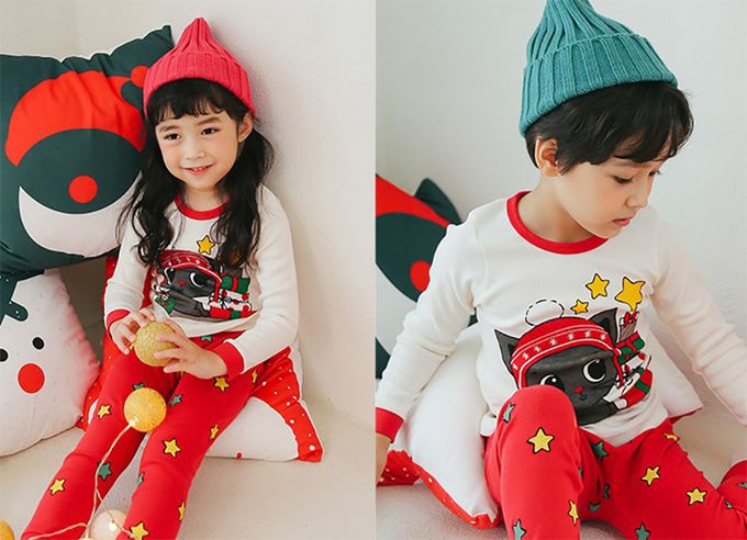正韓 Puco - 超優質嬰幼兒/兒童長袖100% 有機純棉家居服/睡衣-聖誕貓貓