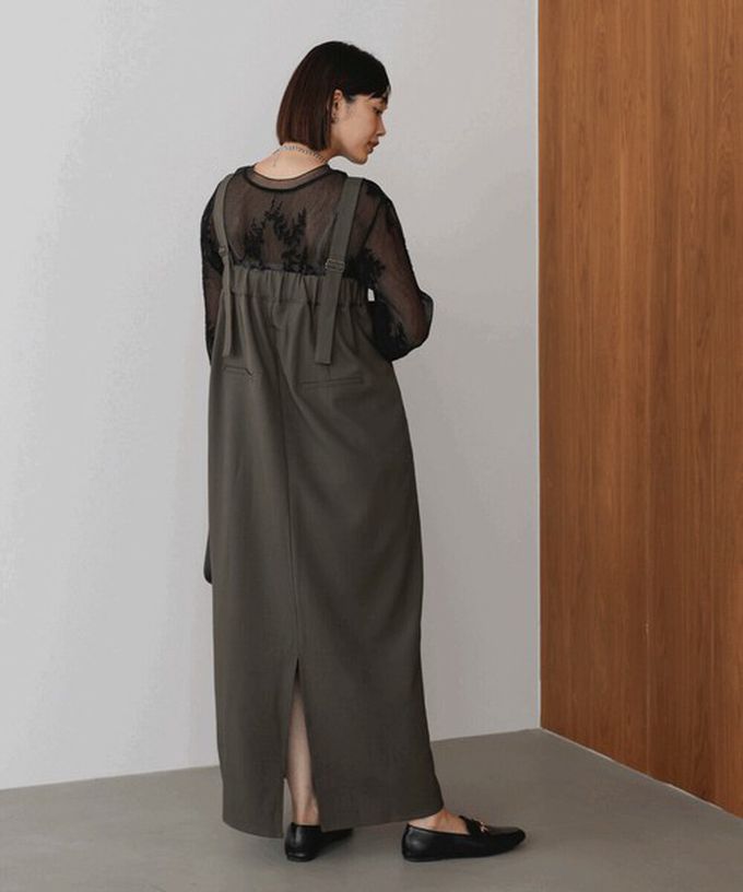 日本 Bab - 斜紋布優雅摺線工裝風吊帶裙-黑