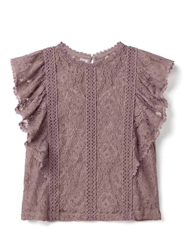 日本 GRL - 華麗蕾絲荷葉邊無袖上衣-灰粉