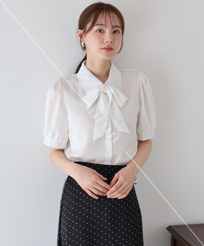 日本 BLUE EAST - 氣質蝴蝶結雪紡小澎袖襯衫-深藍