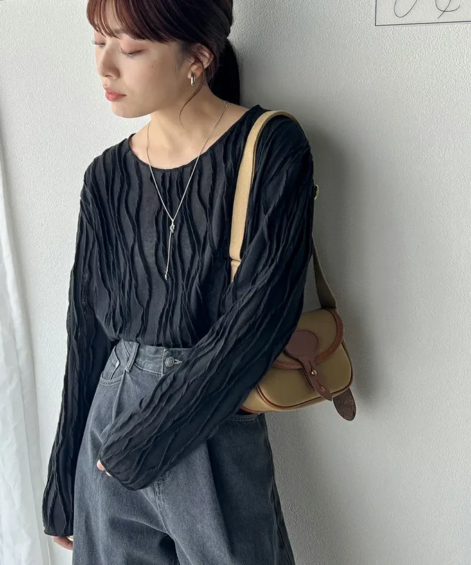 日本 Classical Elf - 圓領波紋透感長袖上衣-灰摩卡