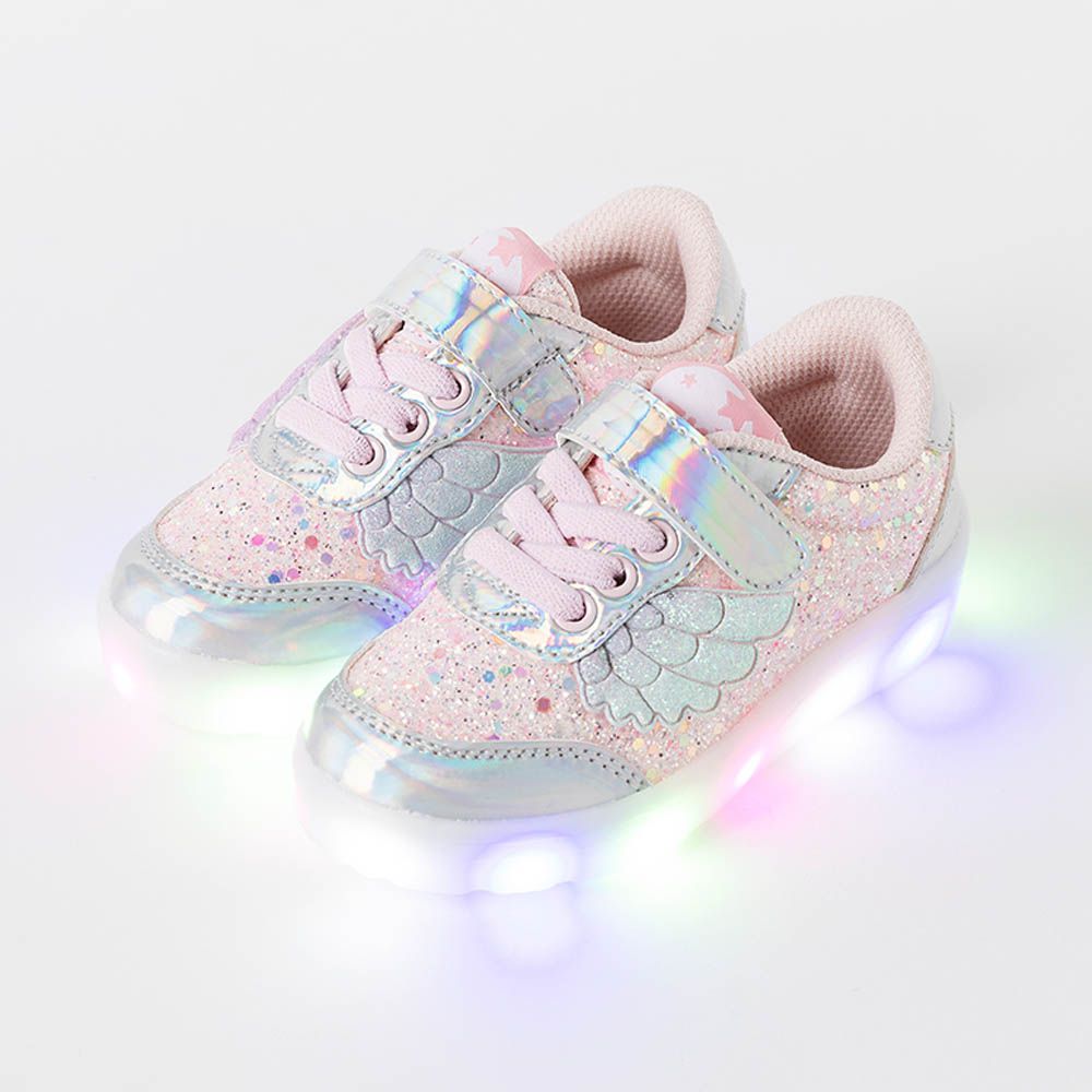 (LED)夢幻羽翼亮片厚底運動鞋-粉銀
