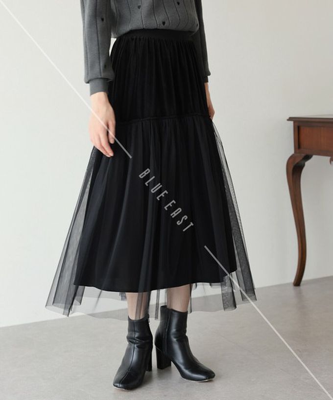 日本 BLUE EAST - 薄紗絲絨拼接飄逸長裙-(可選長度)-深藍