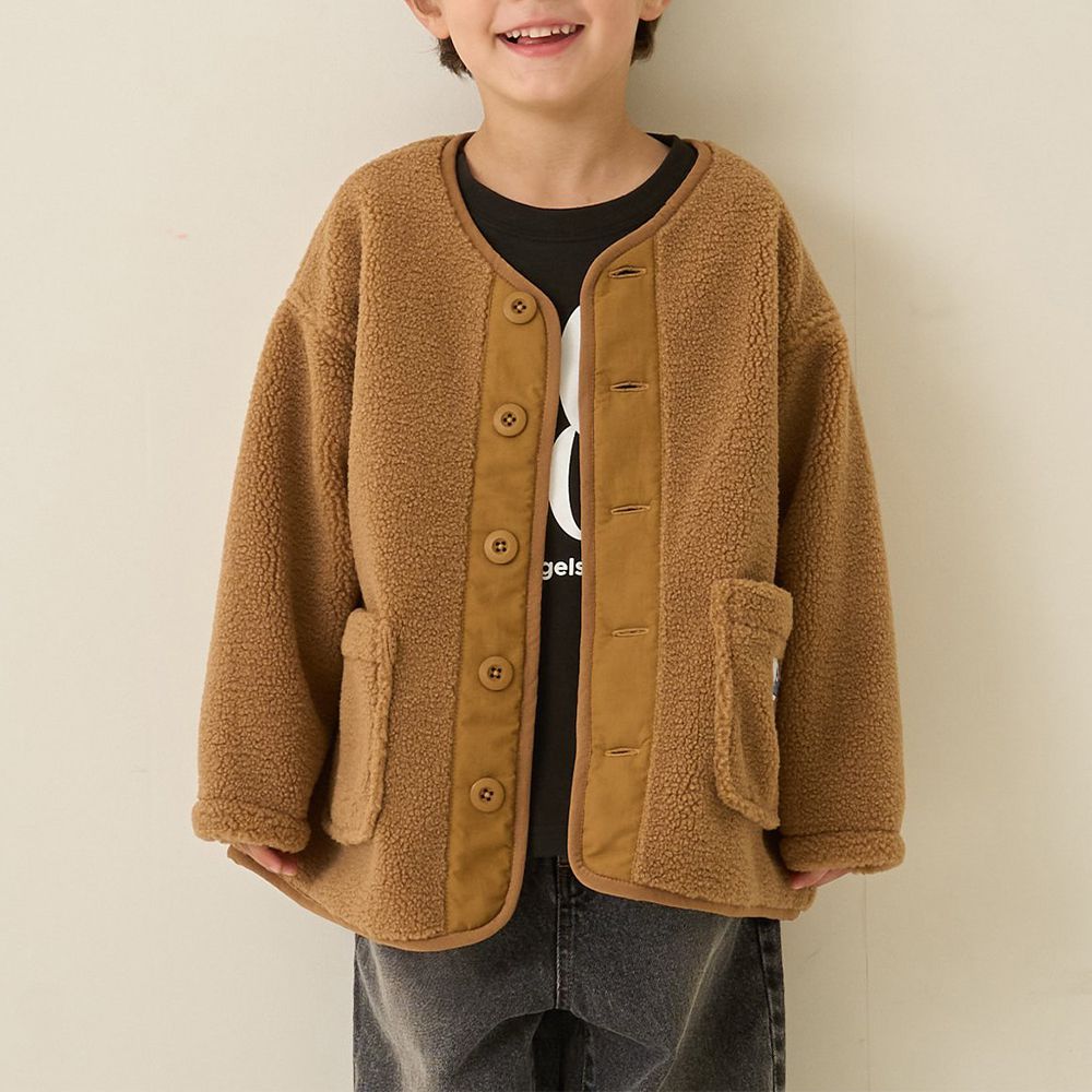 可愛毛毛口袋布勞森保暖外套-卡其棕
