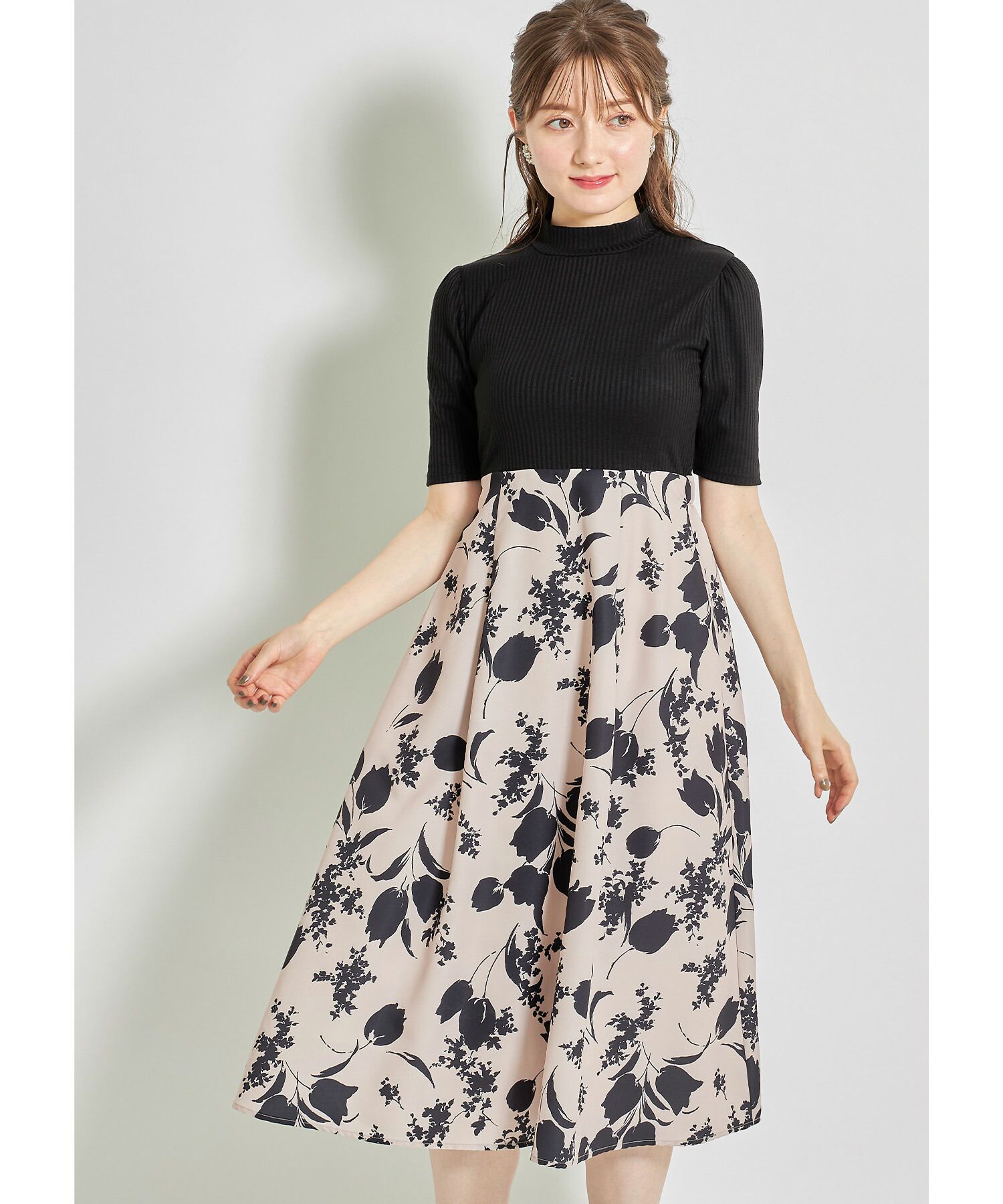 日本 tocco-closet - 修身羅紋拼接洋裝-鬱金香-黑x杏