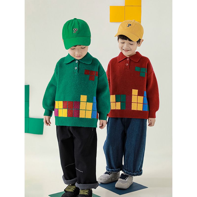 TONGMO - 復古Polo翻領針織長袖毛衣-俄羅斯方塊-黑色