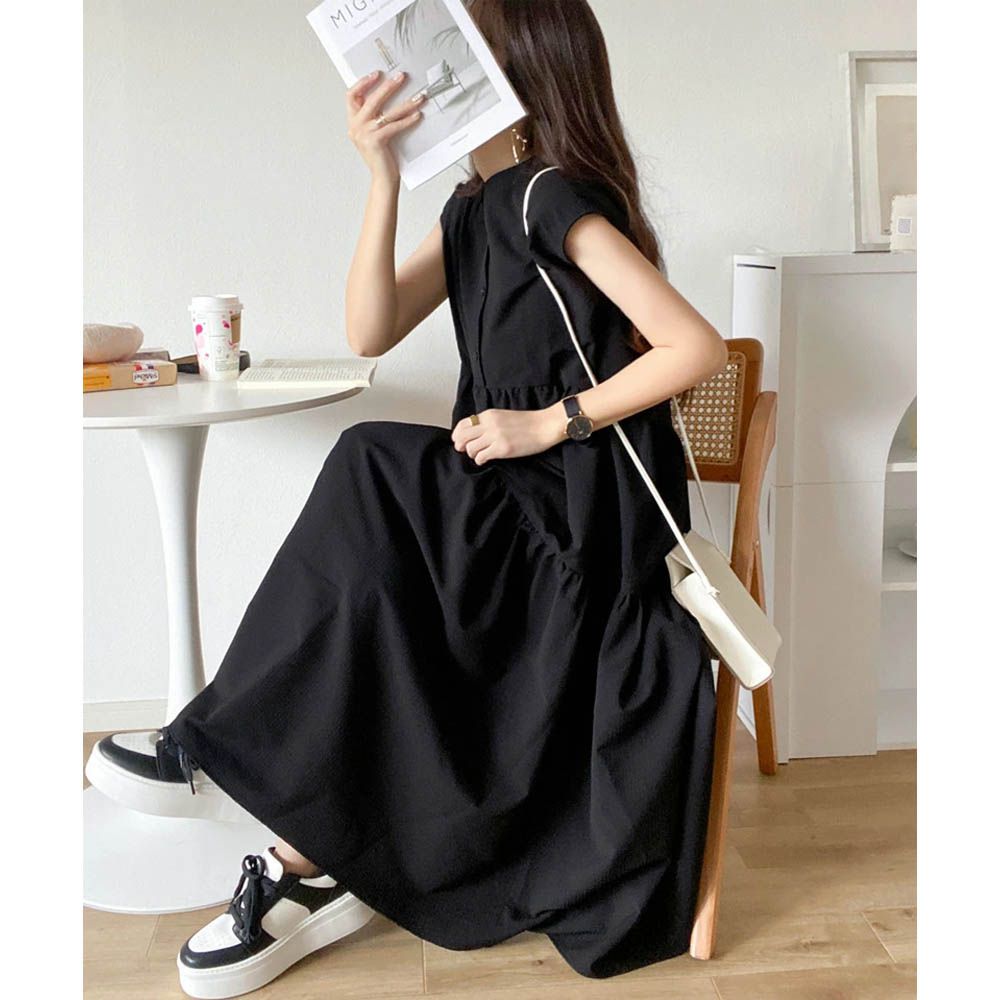 襯衫式A字甜美法式袖洋裝-黑