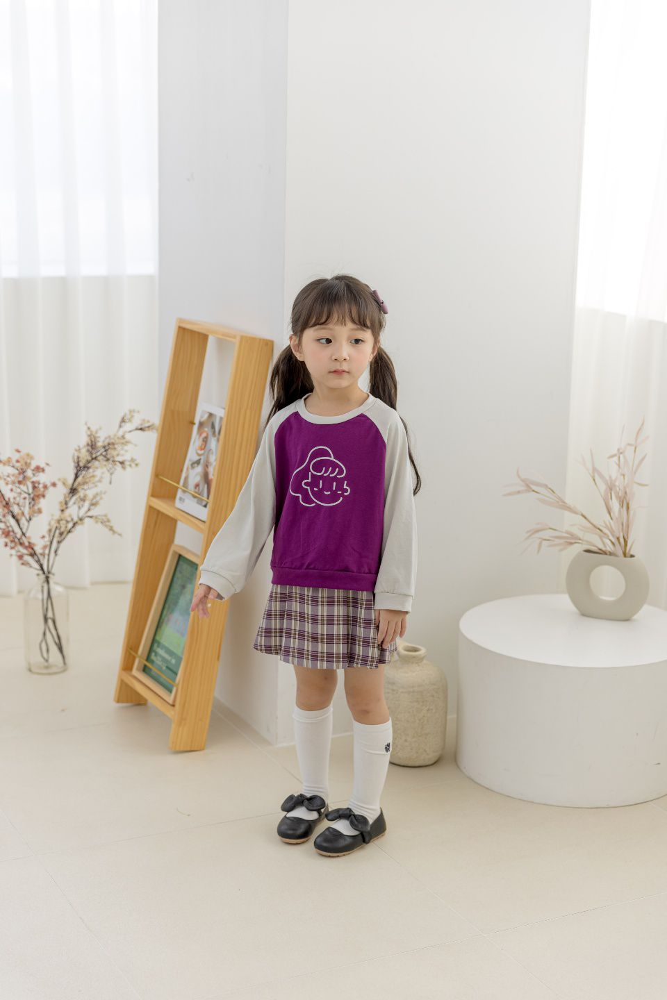 韓國 Orange Mom - 馬尾女孩拼色棉T-紫