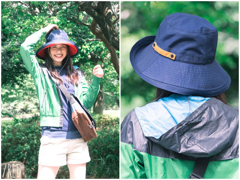 日本 irodori - 抗UV可捲收防潑水遮陽帽(附防風帽帶)-大人款-黑x橘內裏