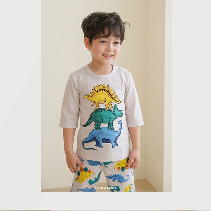 正韓 Puco - 超優質嬰幼兒/兒童七分袖100% 有機純棉家居服/睡衣-恐龍疊疊樂