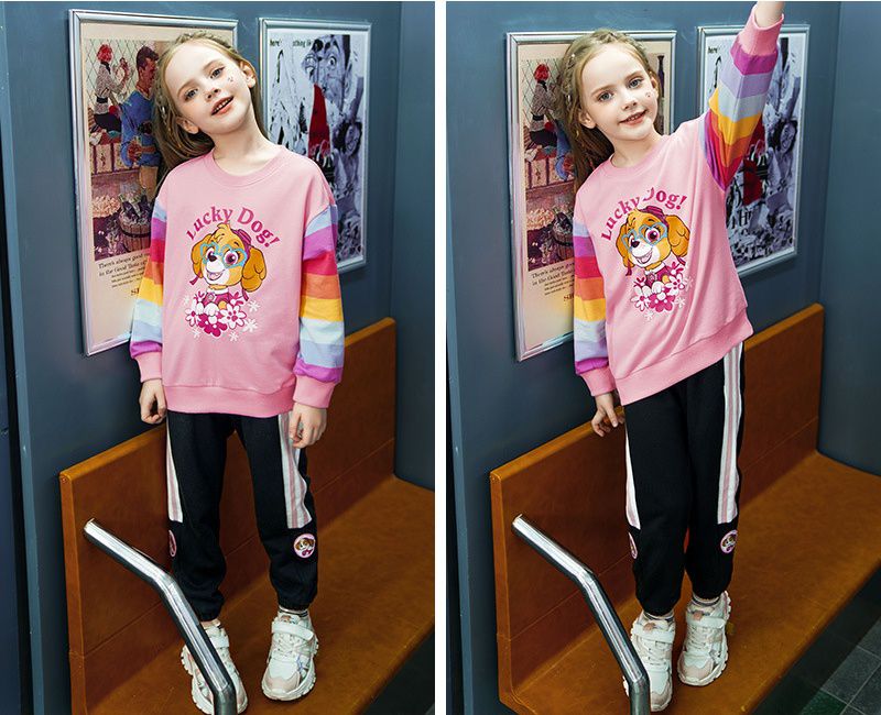 卡通汪汪隊圓領彩虹長袖上衣-卡通人物天天-粉色